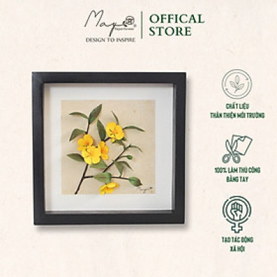Tranh Hoa Giấy Handmade Trang Trí - Hoa Mai Kết Hợp Giấy Dó MAYPAPERFLOWER Khung Tranh Gỗ Size 25x25cm