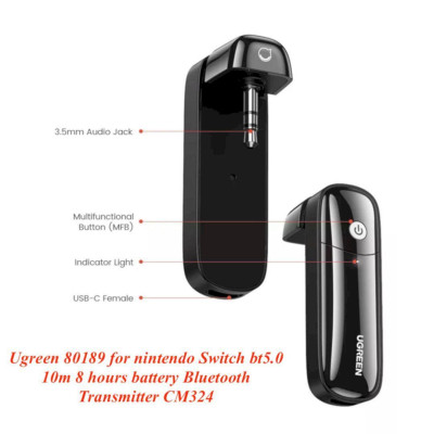 Ugreen UG80189CM324TK Bluetooth 5.0 10M 8 Hours Màu Đen Bộ phát BT Jack 3.5mm Audio hỗ trợ chuẩn APTX Low Latency cho Nintendo Switch - Lite - HÀNG CHÍNH HÃNG