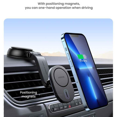 Ugreen UG15120CD345TK 15W Bộ sạc hít từ tính không dây kiêm giá đỡ điện thoại trên xe hơi màu Đen điện vào cổng type c - HÀNG CHÍNH HÃNG
