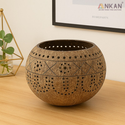 Đèn Gáo Dừa Đựng Nến Tealight Hoa Cúc Handmade Decor Tự Nhiên Trang Trí Spa Cafe ANKAN