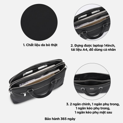 Túi đựng laptop 14 inch da thật, túi xách công sở nam nữ đựng tài liệu A4 IDIGO MB1 - 20000