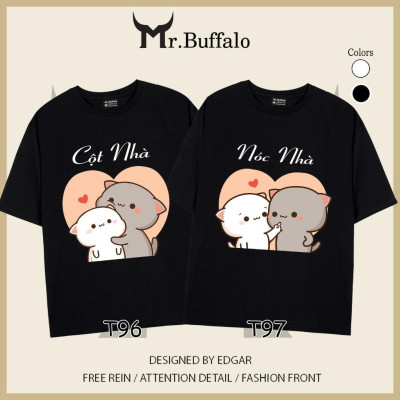 Áo đôi, cặp tay lỡ unisex Mèo mochi nóc nhà, cột nhà dễ thương Mr.Buffalo T96T97