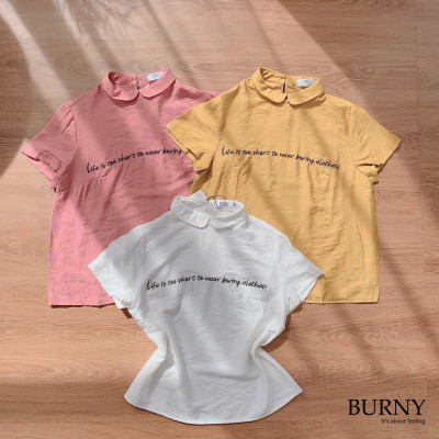 Áo sơ mi nữ ngắn tay màu trắng họa tiết thêu cổ Peter Pan Burny