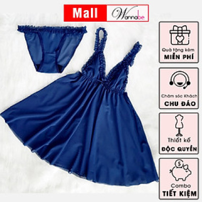 Đầm ngủ sexy WANNABE DNC07 váy ngủ lưới trong suốt xuyên thấu 2 dây vai nhúng bèo nữ tính, gợi cảm
