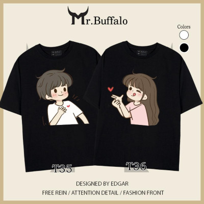 Áo đôi , áo thun cặp nam nữ tay lỡ Unisex cute form rộng vải cotton 100% T35T36 - Mr.Buffalo