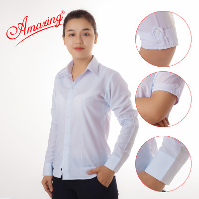 Áo sơ mi nữ tay lỡ màu trắng hiệu Amazing,không túi, có 4 ben eo, vải KT silk thấm hút mồ hôi, size từ 40-80kg