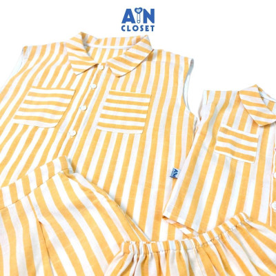 Bộ quần áo ngắn cho mẹ họa tiết Kẻ vàng trắng cổ sơ mi linen cotton - AICDMEXU7K6V - AIN Closet