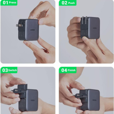 Ugreen UG90409CD296TK 65W Bộ sạc nhanh Nexode GaN 2 cổng USB Type-C + USB-A Màu Đen kèm 3 chuẩn cắm US EU UK - HÀNG CHÍNH HÃNG