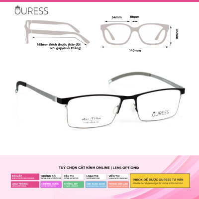 Gọng kính titanium T1182 nửa khung thời trang nam cao cấp siêu nhẹ siêu bền OURESS