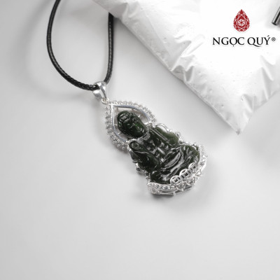 Mặt dây chuyền phật bà ngọc bích bọc bạc 48x27mm mệnh mộc, mệnh hỏa - Ngọc Quý Gemstones