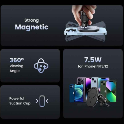 Ugreen UG15120CD345TK 15W Bộ sạc hít từ tính không dây kiêm giá đỡ điện thoại trên xe hơi màu Đen điện vào cổng type c - HÀNG CHÍNH HÃNG