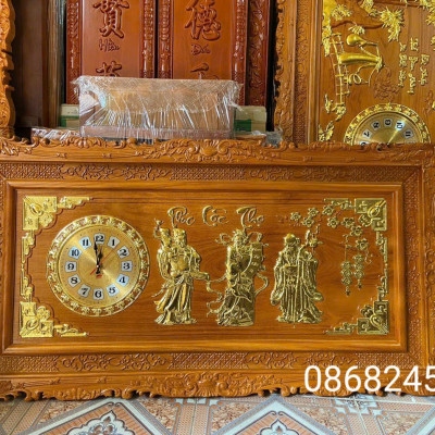 Đồng hồ treo tường khắc tích phúc lộc thọ bằng gỗ gỗ đỏ kt 67×127×4cm 