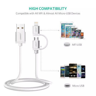 Ugreen UG30892US165TK 1M màu Đen Cáp sạc đa năng USB sang MicroUSB + Lightning - HÀNG CHÍNH HÃNG