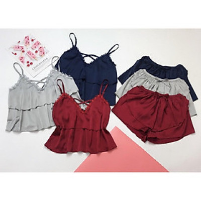 Bộ đồ ngủ nữ mặc nhà 2 dây lụa cao cấp mềm mại hàng thiết kế Màu Xám.