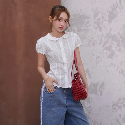 Áo sơ mi tay ngắn viền ren dễ thương nữ tính cột nơ sau dễ phối đồ Jenni Miều Est.2013