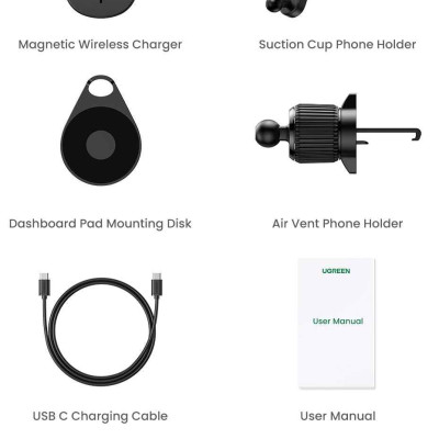 Ugreen UG15120CD345TK 15W Bộ sạc hít từ tính không dây kiêm giá đỡ điện thoại trên xe hơi màu Đen điện vào cổng type c - HÀNG CHÍNH HÃNG