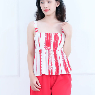 Đồ Bộ Mặc Nhà LMcation - Áo dây Clara màu sọc nơ đỏ &  Quần váy dài Mila màu đỏ