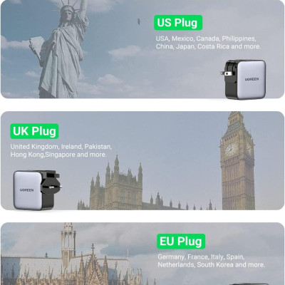 Ugreen UG90409CD296TK 65W Bộ sạc nhanh Nexode GaN 2 cổng USB Type-C + USB-A Màu Đen kèm 3 chuẩn cắm US EU UK - HÀNG CHÍNH HÃNG