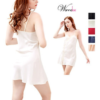 Đầm ngủ lụa WANNABE DNS59 váy ngủ xẻ đùi viền ren khoe chân dài quý phái sang trọng