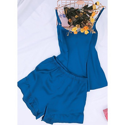 Bộ đồ ngủ nữ mặc nhà 2 dây lụa cao cấp mềm mại hàng thiết kế 4 màu hồng cam, đỏ, xanh ngọc, xan coban N248