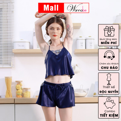 Đồ bộ mặc nhà lụa cao cấp WANNABE BSS62 đồ bộ quần sọt áo hai dây cổ áo phối ren thêu Nhật hình tam giác nhẹ nhàng