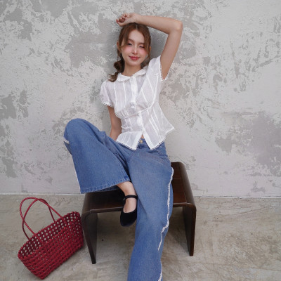 Áo sơ mi tay ngắn viền ren dễ thương nữ tính cột nơ sau dễ phối đồ Jenni Miều Est.2013