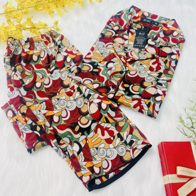 Bộ Pyjama nữ, đồ mặc nhà VILADY- B139 Quần Dài Tay Cộc Họa Tiết Con sò Màu Đỏ Đô, chất liệu lụa Pháp