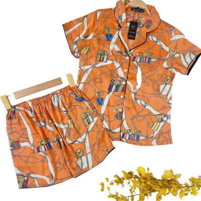 Đồ bộ Pyjama lụa, đồ mặc nhà nữ VILADY  - B134 kiểu quần đùi tay cộc, họa tiết siêu dễ thương, chất liệu lụa Pháp ( lụa latin) - Màu cam