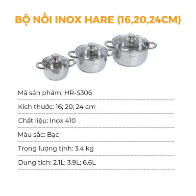 Bộ nồi inox đáy từ HR-S306 (16,20,24cm) - thương hiệu Hare -  lỗi 1 đổi 1