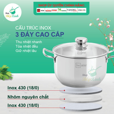 Bộ xửng hấp 3 đáy inox 430 FiveStar Standard  nắp kính size 26cm tặng 5 muỗng ăn