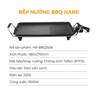 Bếp nướng dùng điện BBQ1506 chống dính - thương hiệu Hare - bảo hành 12 tháng ( tặng kèm ấm siêu tốc Inox)