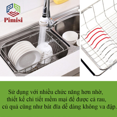 Rổ Inox 304 Chữ Nhật Gác Bồn Rửa Chén Pimisi Úp Bát Đĩa - Rau Củ Quả Với Thiết Kế Thông Minh Điều Chỉnh Độ Dài Co Giãn Chiều Dài Khay, Tay Nắm Kéo Từ Thép Không Gỉ SUS 304 - Với 4 Góc Vuông Bo Tròn Phù Hợp Với Mọi Chậu Rửa Bát  | Hàng Chính Hãng