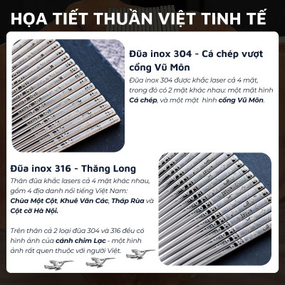 Bộ 10 đôi đũa inox 304 - 316 DandiHome 2020 chống trơn trượt, sang trọng, tinh tế