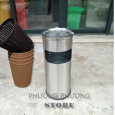 Thùng rác inox tròn, thùng rác inox gạt tàn tròn ( Tặng sọt tròn mây ) 