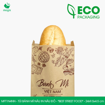 MFT1N4NN - 24x9.5x4.5 cm - 200 Túi bánh mì Nâu, in sẵn họa tiết BEST STREET FOOD - Bao bánh mì Túi giấy thực phẩm an toàn