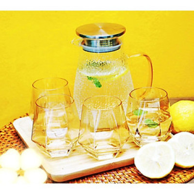 Combo bộ bình nước uống và 6 cốc thủy tinh nhịu nhiệt cao cấp kèm khay gỗ tre