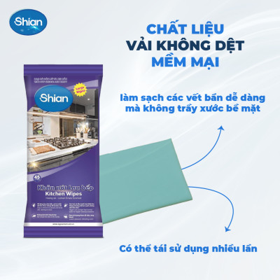 Khăn ướt lau bếp SHIAN đánh bay dầu mỡ nhanh chóng, dịu nhẹ với da tay - Gói Lớn 45 tờ