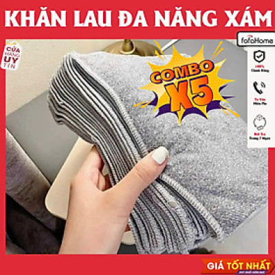 Combo 5 Khăn Lau Vuông, Khăn Lau Đa Năng Nhà Bếp Sợi Than Tre Màu Xám Loại Mới Giúp Lau Chùi Sạch Sẽ Sợi Vải Mềm Thấm Hút Nhanh Và Nhanh Khô