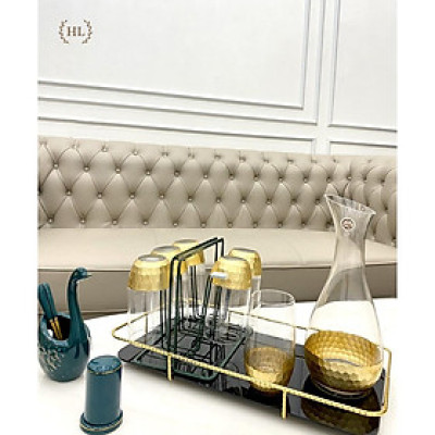 Bộ bình cốc thủy tinh mạ vàng phong cách Scandinavia | Bộ bình cốc thủy tinh chịu nhiệt borosilicate vân tổ ong