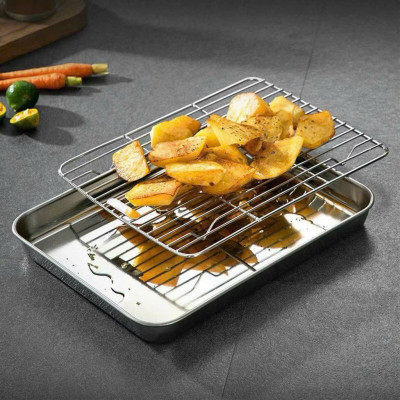 Khay Nướng Inox 304 Dày Dặn Kèm Vỉ Hấp Hình Chữ Nhật Dùng Nướng Bánh, Thực Phẩm - HÀNG CHÍNH HÃNG MINIIN