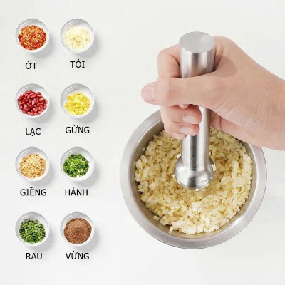 Cối chày inox 304  cao cấp đúc nguyên khối - Kèm nắp đậy , dùng giã hành tỏi, ớt, cua  , dày dặn, không bám mùi, dễ vệ sinh - Size 10cm