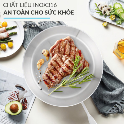 Chảo chiên rán inox 316 nguyên khối Hàn Quốc CIC68 size 20cm/24cm/26cm chống dịnh tự thân, đáy từ