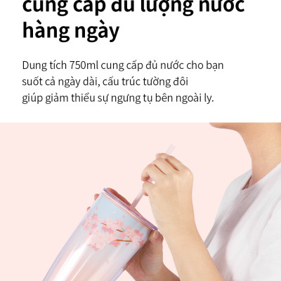 Ly nhựa LocknLock 2 lớp 750ml HAP522 720ml Anh Đào - Hàng chính hãng kèm ống hút, cách nhiệt tốt, miệng rộng - JoyMall