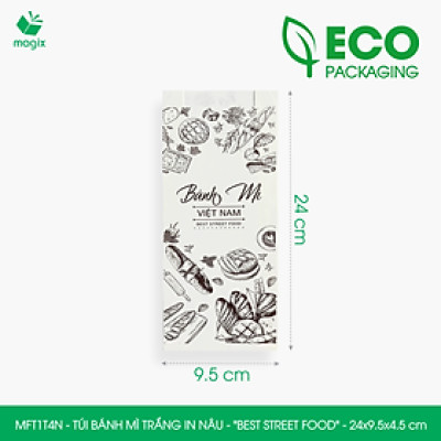 MFT1T4N - 24x9.5x4.5 cm - 200 Túi bánh mì Trắng, in sẵn họa tiết BEST STREET FOOD - Bao bánh mì Túi giấy thực phẩm an toàn