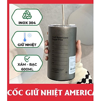 Cốc Giữ Nhiệt Inox 304 Ly Uống Coffee 600ML Kèm Ống Hút Tiện Lợi Ly Giữ Nhiệt Iced Americano
