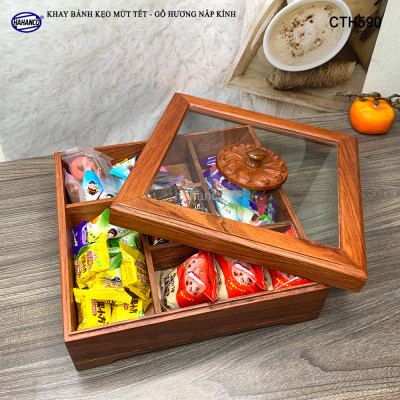 Khay Bánh Kẹo Mứt Tết Gỗ Hương Nắp Kính Vuông Trong Suốt Thiết Kế Trang Trọng - CTH590