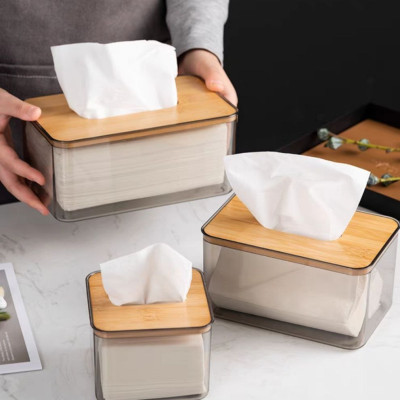 HỘP ĐỰNG GIẤY ĂN NHỰA MIKA TRONG SUỐT NẮP GỖ TRE PHONG CÁCH BẮC ÂU