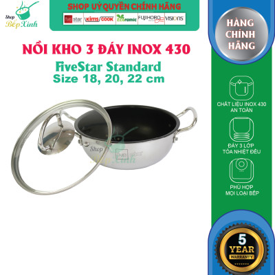 Nồi inox chống dính Fivestar 3 đáy nắp kính 20cm - dùng được bếp từ - tặng 5 muỗng ăn
