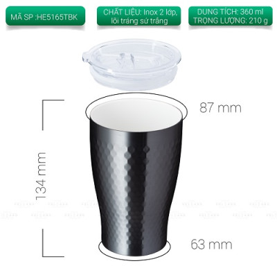 Ly giữ nhiệt inox hoa văn tổ ong 2 lớp phủ sứ Tiamo 360ml