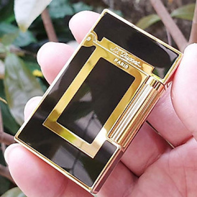 Vỏ Hột Quẹt Bật Lửa Ga Đá D upon Sơn Mài Đen Viền Vàng Ô Chữ Nhật D-151V